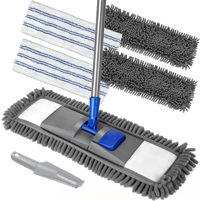 Balai à Plat Microfibre Rotatif à 360°  Balai Serpillère Plate  Chenille avec Manche en Métal pour Nettoyage de Sol Sec & Humide