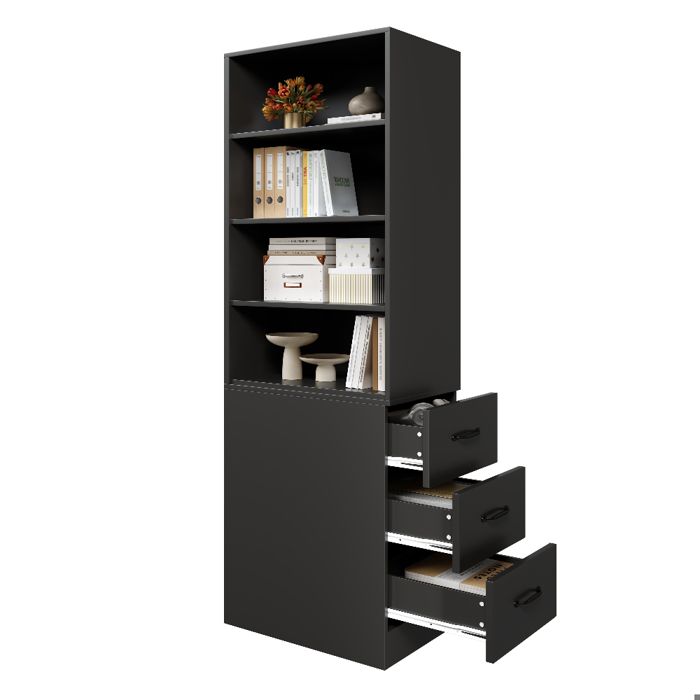 Bibliothèque étroite noire 180 cm avec tiroirs latéraux étagères réglables réversible meuble gain de place pour salon et bureau Bibliothèque étroite noire 180 cm avec tiroirs latéraux étagères réglables réversible meuble gain de place pour salon et bureau