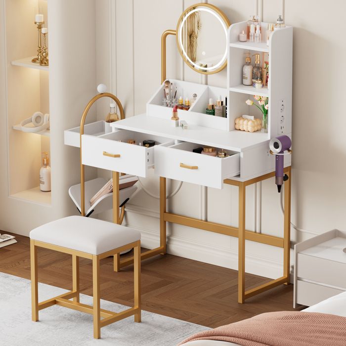 Coiffeuse blanche et dorée 80 x 40 x 138 5 cm avec miroir LED 2 tiroirs étagères ouvertes et tabouret