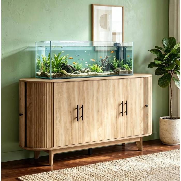Buffet bas ovale 4 portes et 2 étagères réglables - HAVRYA - Effet chêne salon 147×40×76 cm