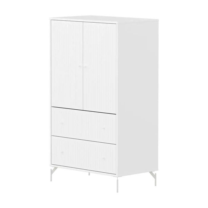SAGA Armoire 2 portes et 2 tiroirs a facades rainurees Blanche Pieds metalliques et boutons blancs SAGA Armoire 2 portes et 2 tiroirs a facades rainurees Blanche Pieds metalliques et boutons blancs