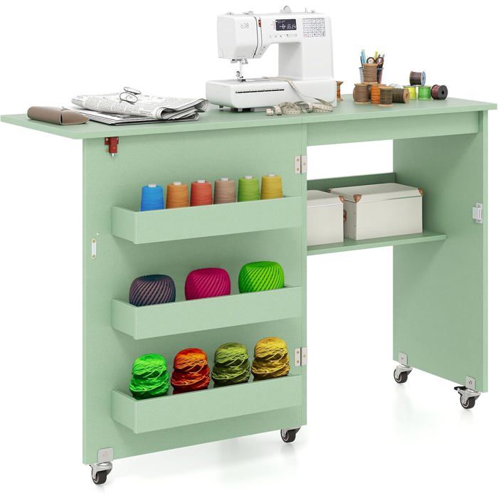 Table de Couture Pliante COSTWAY 3 Bacs et 1 Etagère de Rangement - Roulettes Verrouillables pour Salon Bureau Studio Vert