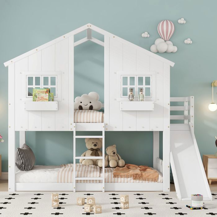 lit superposé pour enfants 90 x 200 cm avec toboggan et escalier avec fenêtre et barrières de sécurité toit pin + MDF blanc