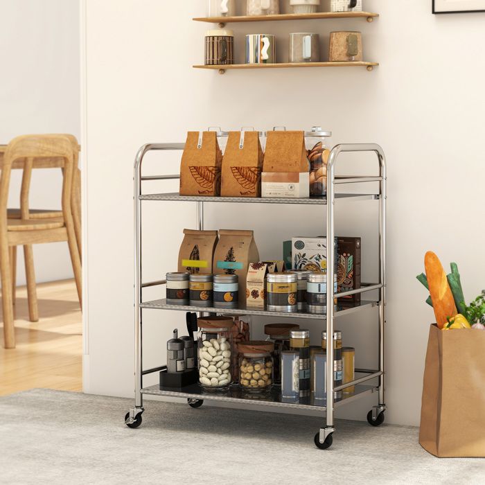 Desserte de cuisine inox 3 niveaux compacte 77 cm étagère centrale réglable poignée roulettes à frein argent