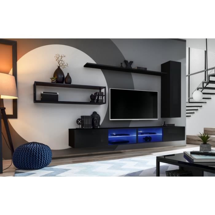 ensemble meuble tv mural switch met iv - ac-déco - noir - 300x40x170cm - 2 portes - 2 meubles tv suspendus