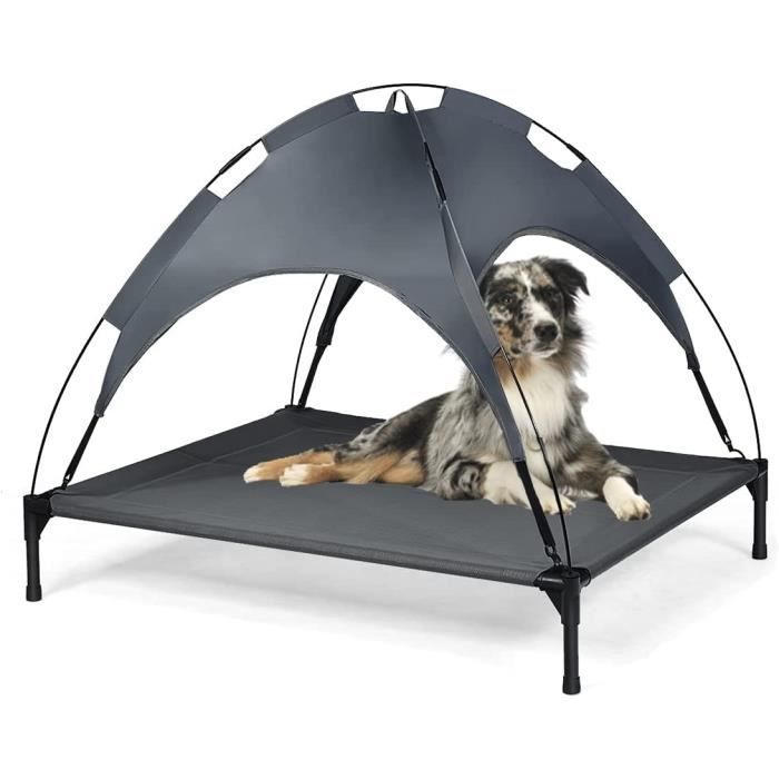 Comparer les prix de GYMAX Lit pour Chien Surélevé avec Auvent, en Acier Robuste, Convient au Camping, Plage, Jardin, Terrasse, 105x87x89CM (L x l x H)