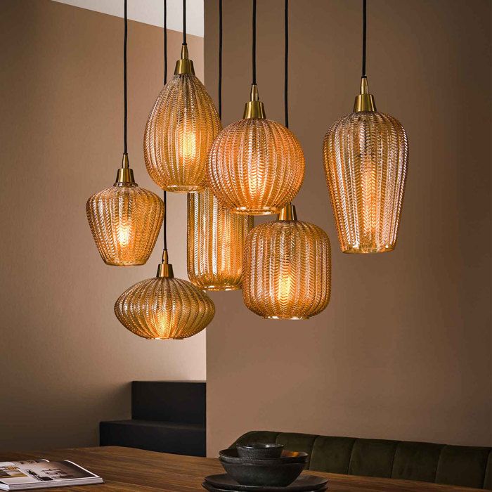 Suspension 7 lampes 95x38x150 cm en verre ambré marron