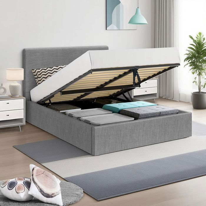 Lit coffre tête de lit haute – couchage 140x190 cm – tissu gris - sommier inclus - ANDY
