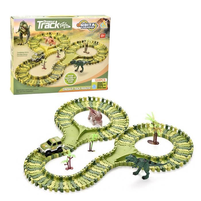 Circuit Voiture Électrique Dinosaure 188 Pièces – Train Dinosaure Flexible Avec 8 Figurines Squelettes, Voitures Lumineuses, Pont Et Décors, Cadeau Enfant 3-6 Ans