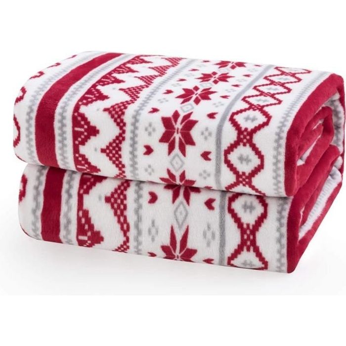 Plaid Couverture Polaire avec Motif de Noël 220x240cm Rouge et Ivoire