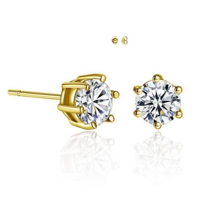 Boucles dOreilles - Homme/Femme - Puces - Solitaire - Cristal - Blanc - Plaqué Or Jaune 750/1000 - 7 mm
