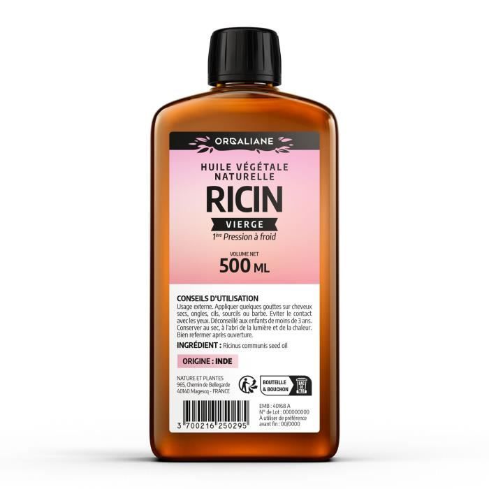 Huile Végétale - Ricin - 500 ml - Vierge - Sans parabène - Texture Huile