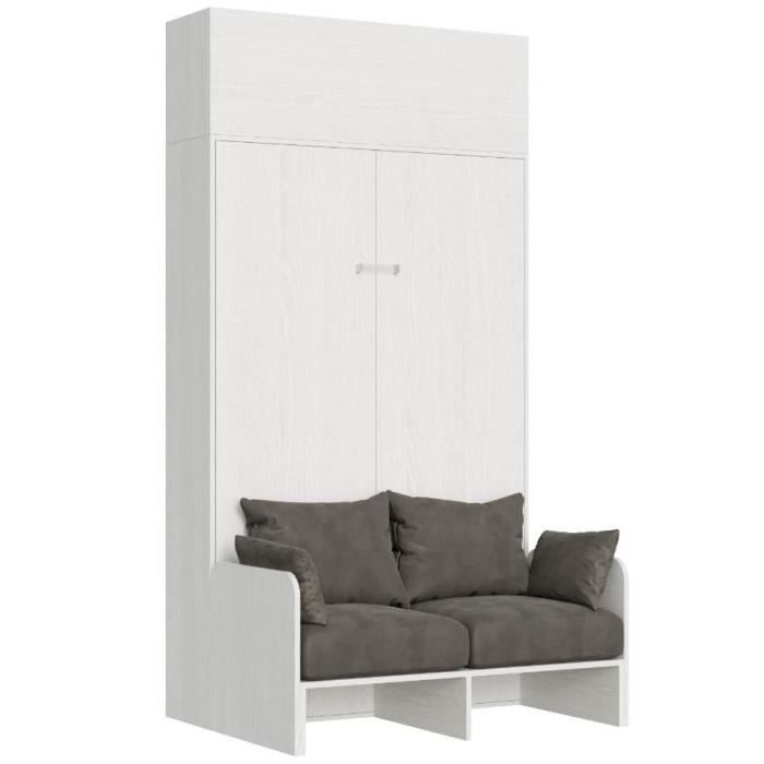 Armoire lit 120x190 cm avec canapé et meuble haut bois blanc Kanto Microfibre 41
