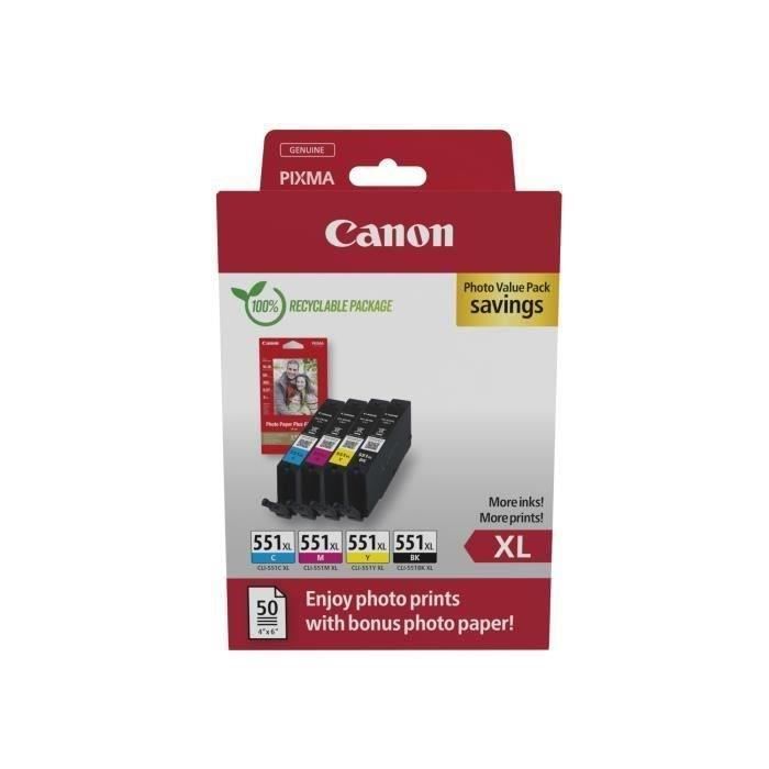 Multipack cartouches dencre + pack papiers photo – CANON – CLI-551XL Noir/Cyan/Magenta/Jaune – Haut rendement