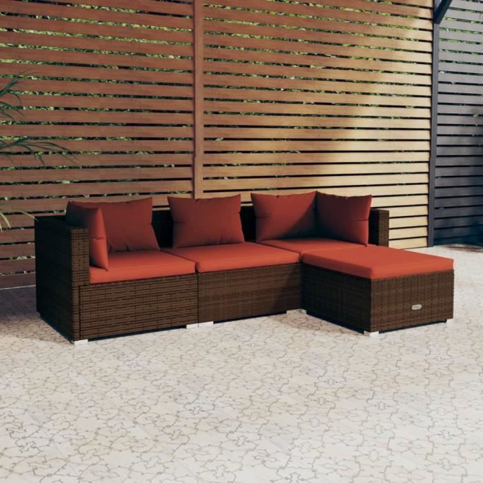 Salon de jardin 4 pcs avec coussins Résine tressée Marron A3101643 -zhuoshop