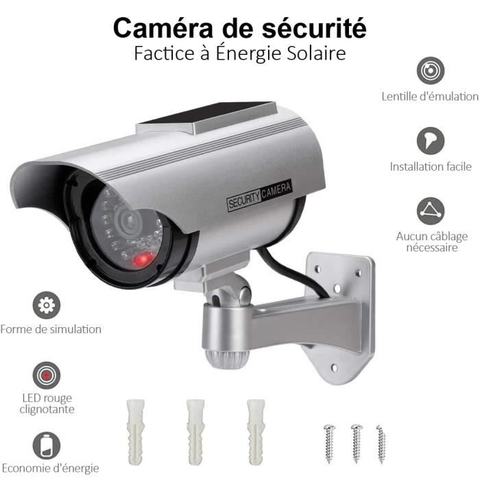 Caméra de Surveillance Factice Extérieur Energie Solaire Sans Fil - Circuit fermé de sécurité Lumière Clignotante LED Argent