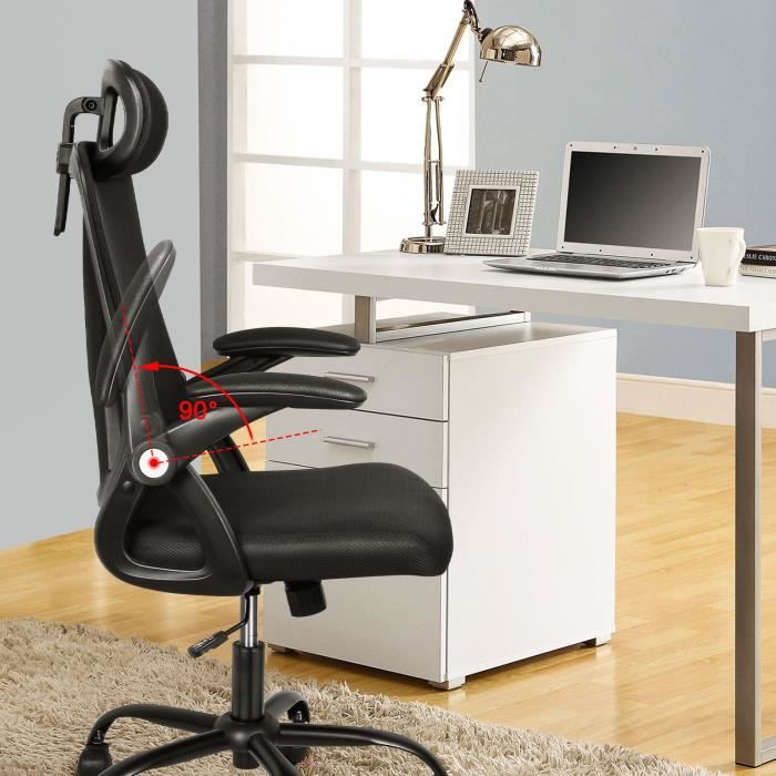 Chaise de bureau pliante - JEOBEST - avec appui-tête et accoudoirs relevables - maille noire - à roulettes