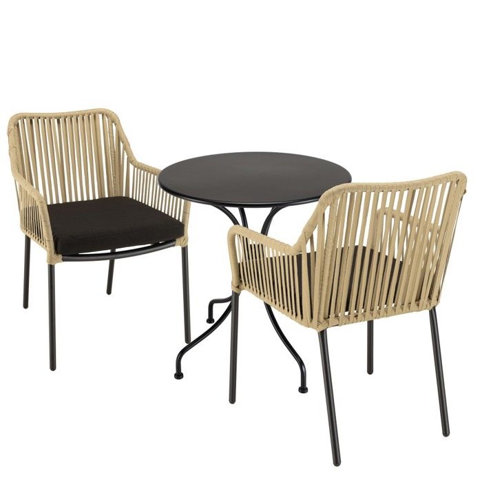 MACABANE MALO - Ensemble de jardin - Table diam 70 + 2 fauteuils beiges/noirs MACABANE MALO - Ensemble de jardin - Table diam 70 + 2 fauteuils beiges/noirs