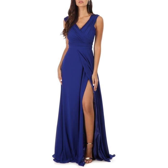 Robe longue drapee bleu roi avec fente Bleu Cdiscount Pret a Porter