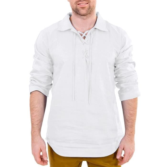 Hommes Baggy en lin poche solide à Manches Longues Rétro T-shirts top chemisiers S-2XL