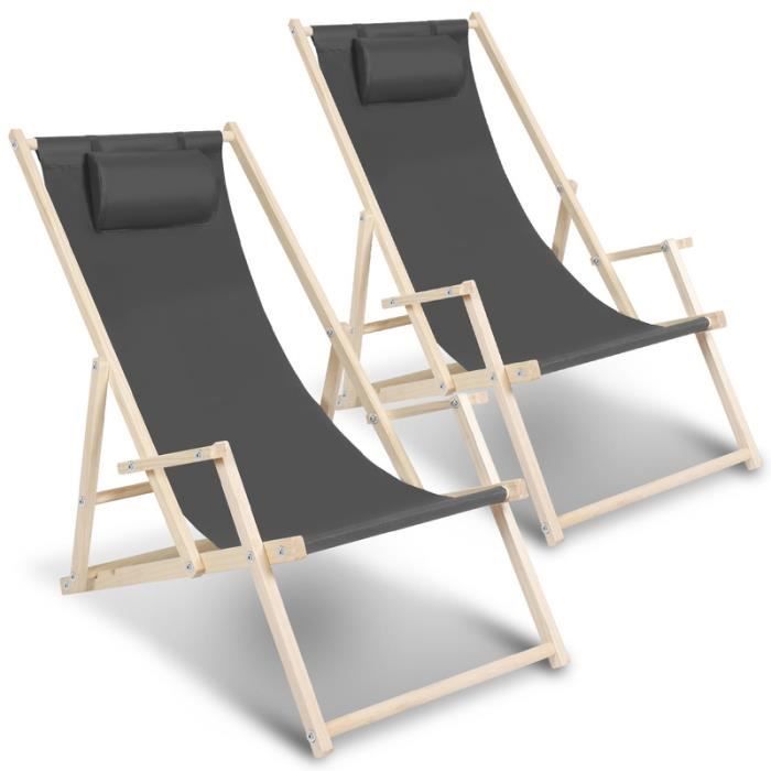 chaise longue pliante en bois chaise de plage chilienne gris avec mains courantes 2 pièces
