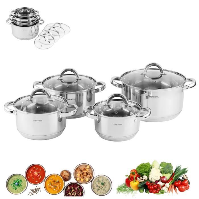 Batterie de cuisine 8 pièces en acier inoxydable 4 Marmite avec Couvercles en Verre Adapté à la Tous Feux Dont Induction