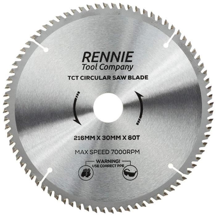 Rennie Tool Lame De Scie Circulaire TCT Bois 216 Mm X 30 Mm – 80 Dents Ultra-Fines Avec Bagues De Réduction Incluses