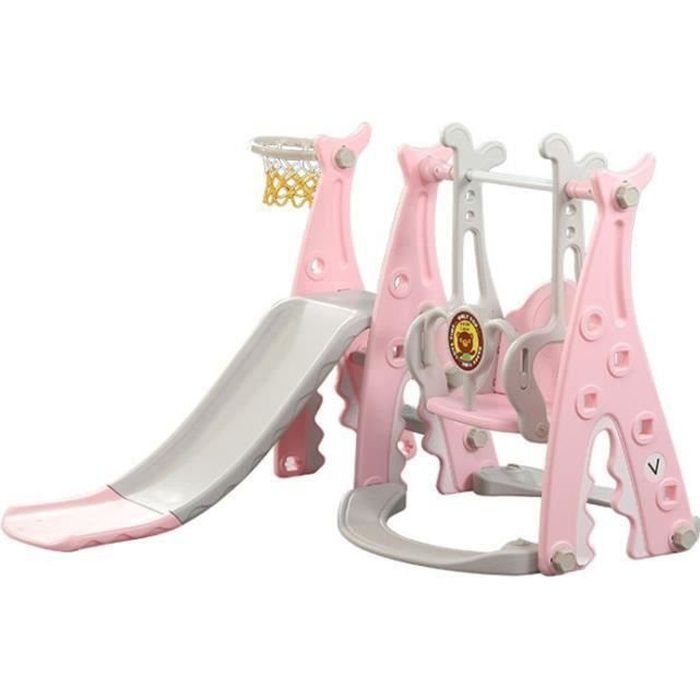 Toboggan - T&T ConfoMaison - 3 en 1 - Balançoire - Panier de basket - Rose - Intérieur