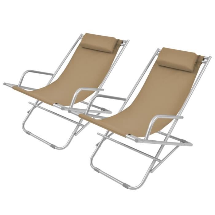 AKTIVE Lot De 2 Chaises De Plage Inclinables Multipositions - Bleu Gris, Pliantes Légères Avec Coussin Et Poignées