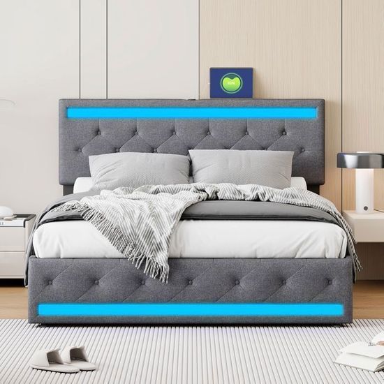 Lit Double 140x190cm Avec Rangements Et LED - Cadre Rembourré, Tête De Lit USB, élégant Et Fonctionnel