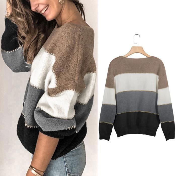 Pull Femme Col Rond Rayé - Tissu Doux Et Chaud, Coupe Ample, Manches Longues - Pour Automne Et Hiver
