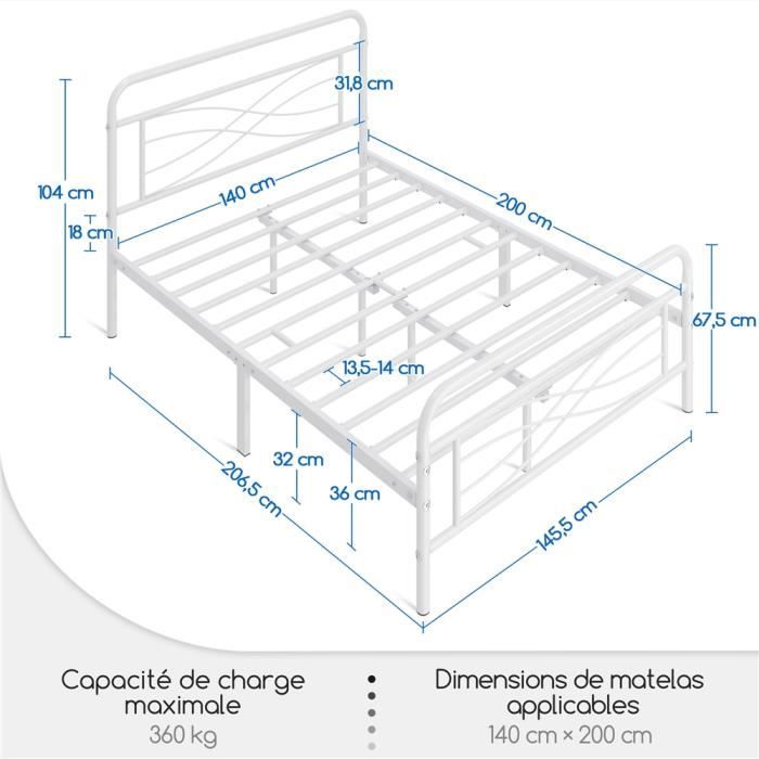 Cadre De Lit Métal 140x190 Cm – Noir – Sommier Non Inclus – Neuf – 2 Personnes