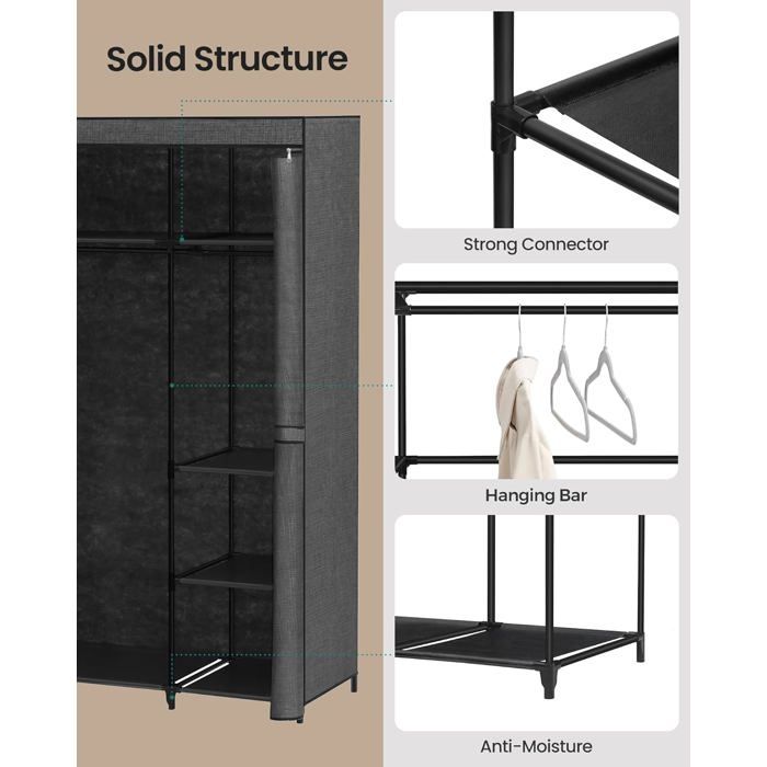 Armoire Portable à Vêtements - 5 étagères, Tissu Non-tissé, Cadre Acier - Rangement Chambre, 155 Cm De Haut, Anti-poussière