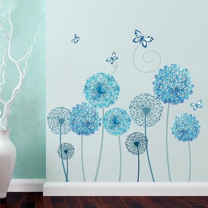 Autocollants muraux de fleurs bleues Pissenlit et papillon