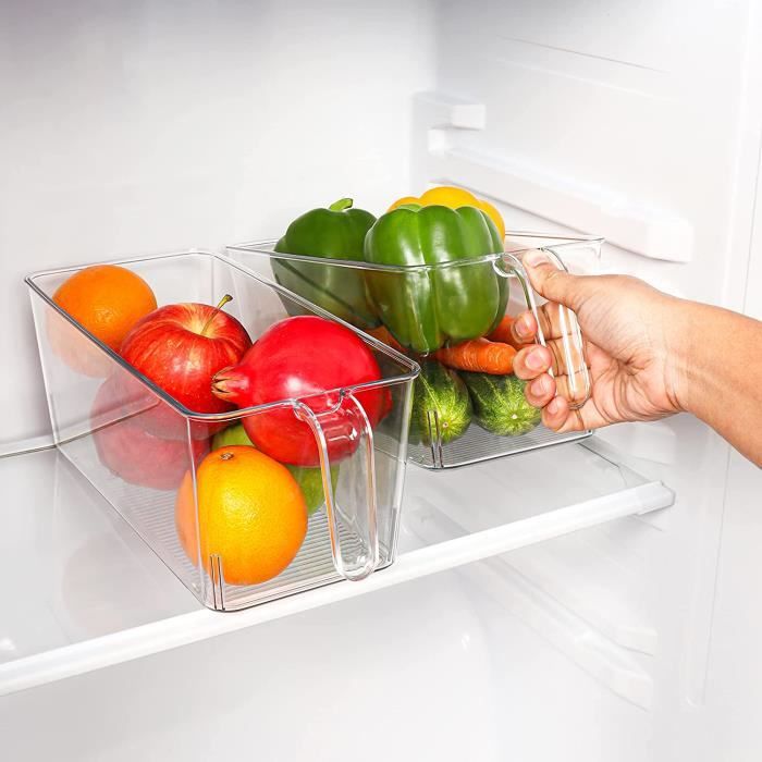 Bac de rangement frigo, lot de 3, stockage aliments, avec poignées,  plastique, boîte de frigo, 9x31x20 cm, transparent