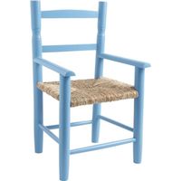 Chaise enfant - Hêtre - Bleu ciel - Assise en roseau + accoudoir - 31 x 30 x 55 cm