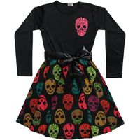 Enfants Filles Patineuse Robe Multi Couleur Skull Imprimé Doux Confortable Panneaux Contrastés Fête d'Halloween Mode Robes 5-13