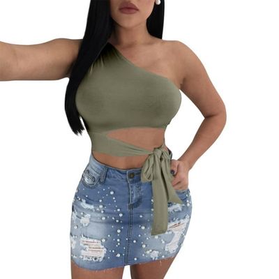 T Shirt Femme sexy sans manches épaule T-shirt uni Bar de mode Tee shirt  Lien de taille,Vert