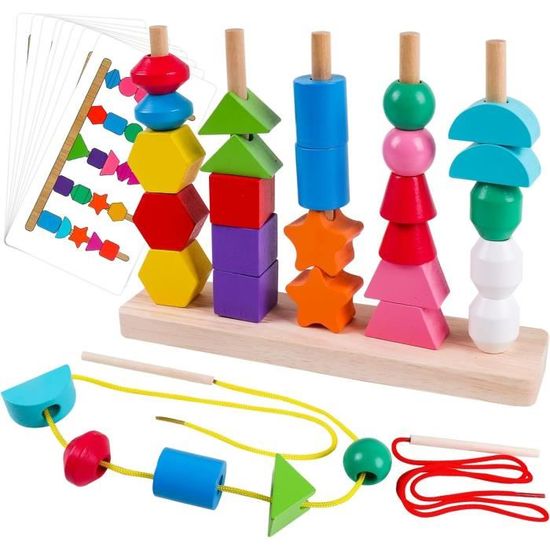Ainiv Jouet Montessori 3-en-1 – Enfilage De Perles, Empilage, Tri – Coffret En Bois Avec Cartes – Dès 2 Ans