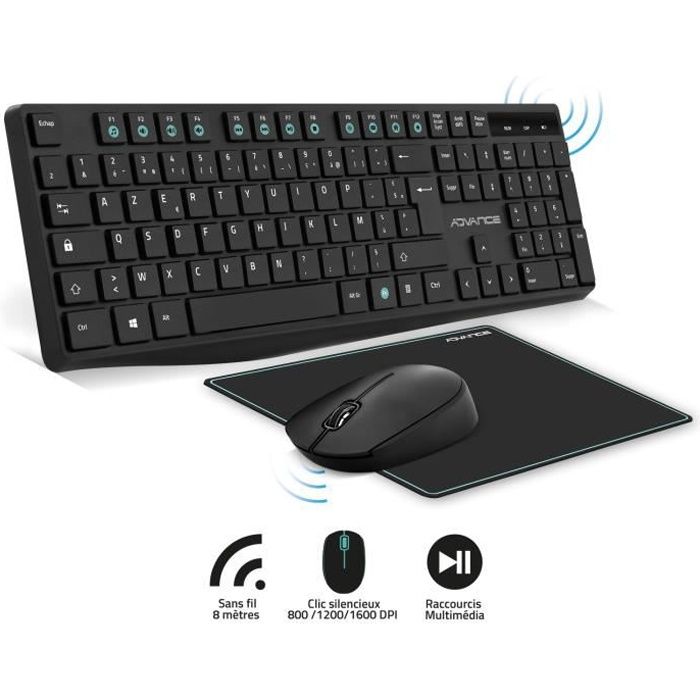 Pack elite clavier, souris sans fil + tapis pour burautique et gaming - clics silencieux - 1600 dpi