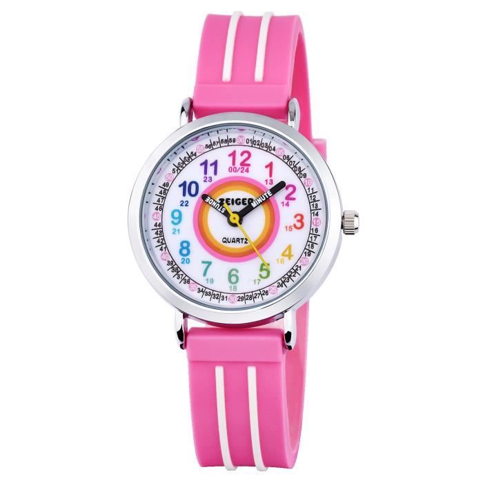Zeiger Montre Fille Pédagogique pour Enfant Rose Arc en Ciel 12/24H Montre Bracelet Silicone étanche Apprentissage Cadeau