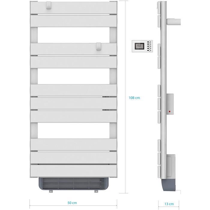 VOLTMAN VOM540026 - Sèche serviettes Sec - Barres Plates - 500 Watts + Soufflant 1000 Watts - Programmable - Ecran LCD rétro éclairé