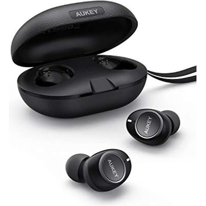 AUKEY Écouteurs Bluetooth 5 sans Fil avec Étui de Chargement Portable, Stéréo Oreillette IPX5 Étanche, Mousse à mémoire, Contrôle