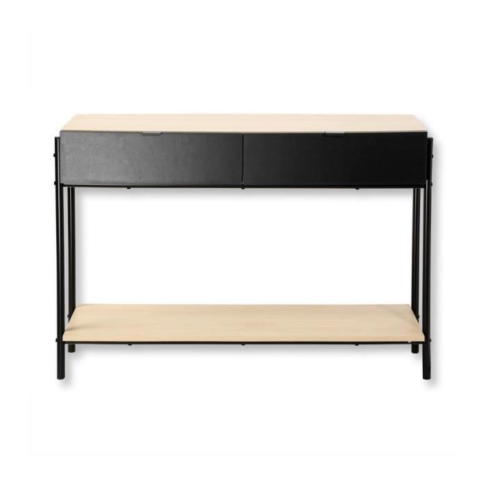Console 2 tiroirs façade décor noir et tablette décor bois - Bois clair - 104.6 cm X 31.5 cm X 73 cm - Casâme Bois Clair