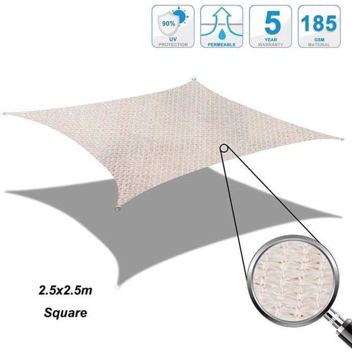 Voile d'ombrage Cool Area - Toile Solaire carré 2.5x2.5m - Protection des Rayons UV Résistante et Respirante - Couleur Crème