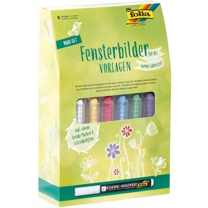 Folia Maxi Set de Stickers pour fenêtre pour Les Saisons Chaudes avec 8 modèles de Peinture, 1 marqueur à Craie et 6 marqueurs à C