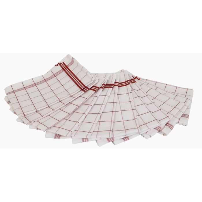 LINANDELLE - Lot de 12 torchons essuies verres carreaux - Rouge