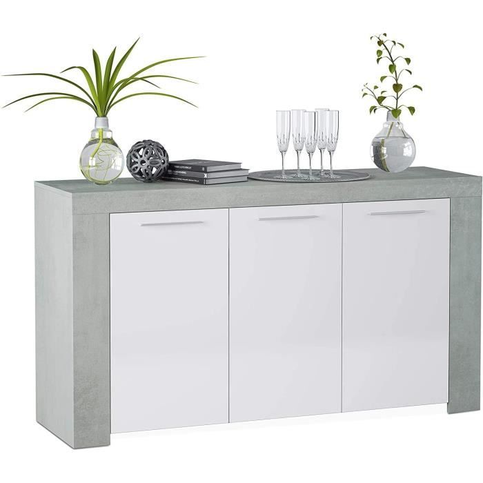 Buffet/Commode 3 Portes LONGI Couleur Gris Ciment et Blanc