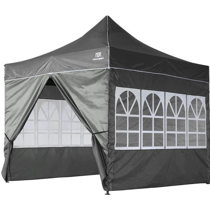 Tonnelle de Jardin 3mx3m Tente de Reception Pliante avec 4 Parois Latérales et Fenêtres pour Fête, Festival, Gris - Mondeer