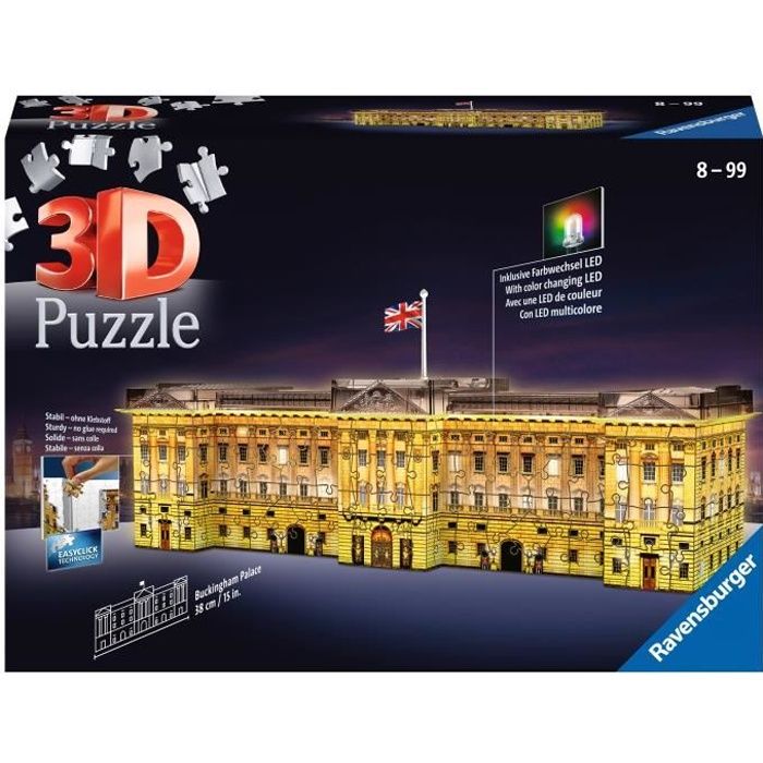 Puzzle 3D Buckingham Palace illuminé - Ravensburger - Monument 216 pièces - sans colle - avec LEDS couleur - Dès 8 ans